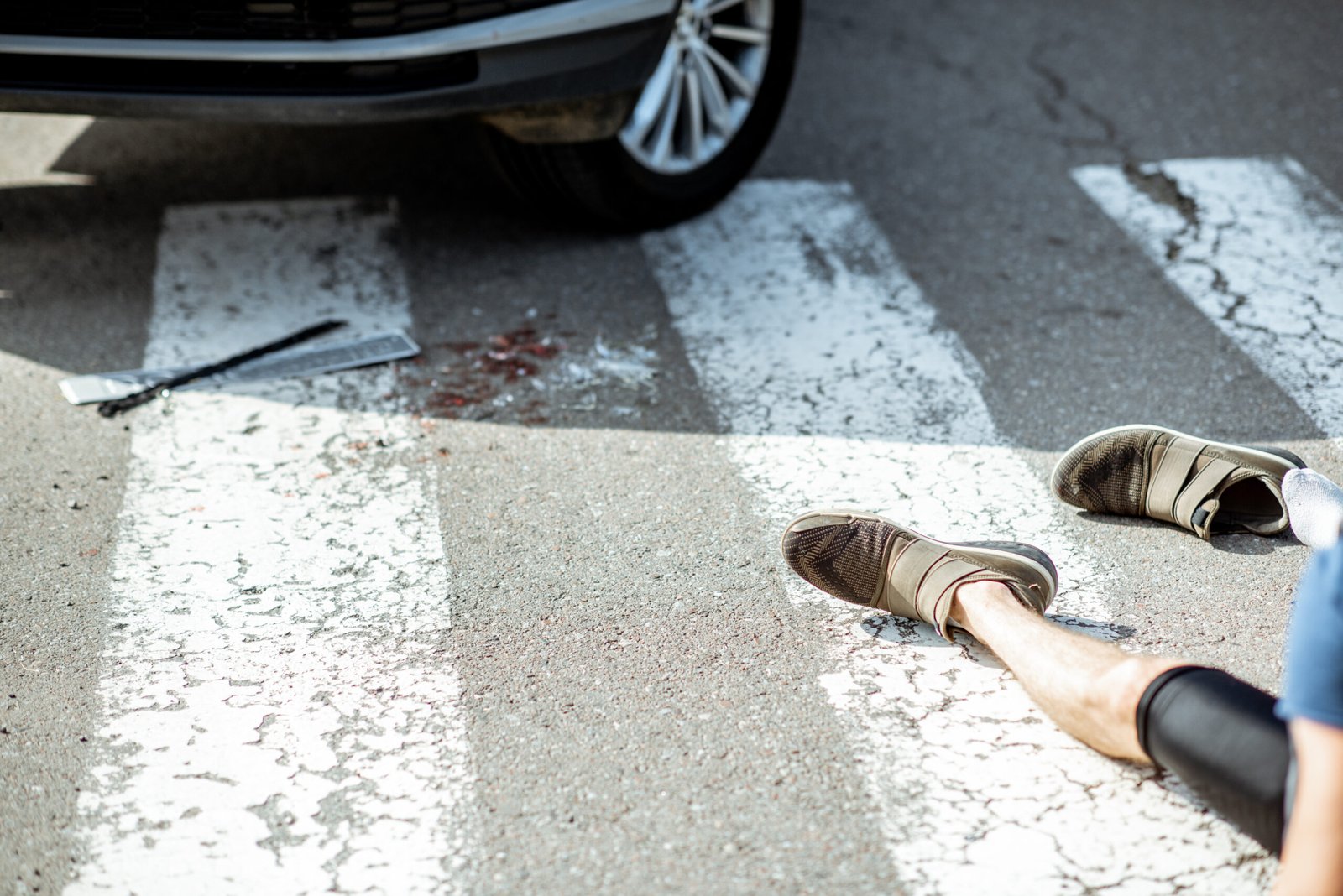 Scene of a road accident with car, broken parts and injured man lying on the pedestrian crossing